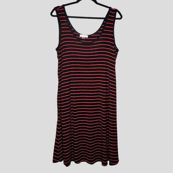 Retro Striped Tank Dress SZ 14 Calvin Klein Black Red Jersey Stretch Sporty Prep - Picture 1 of 6